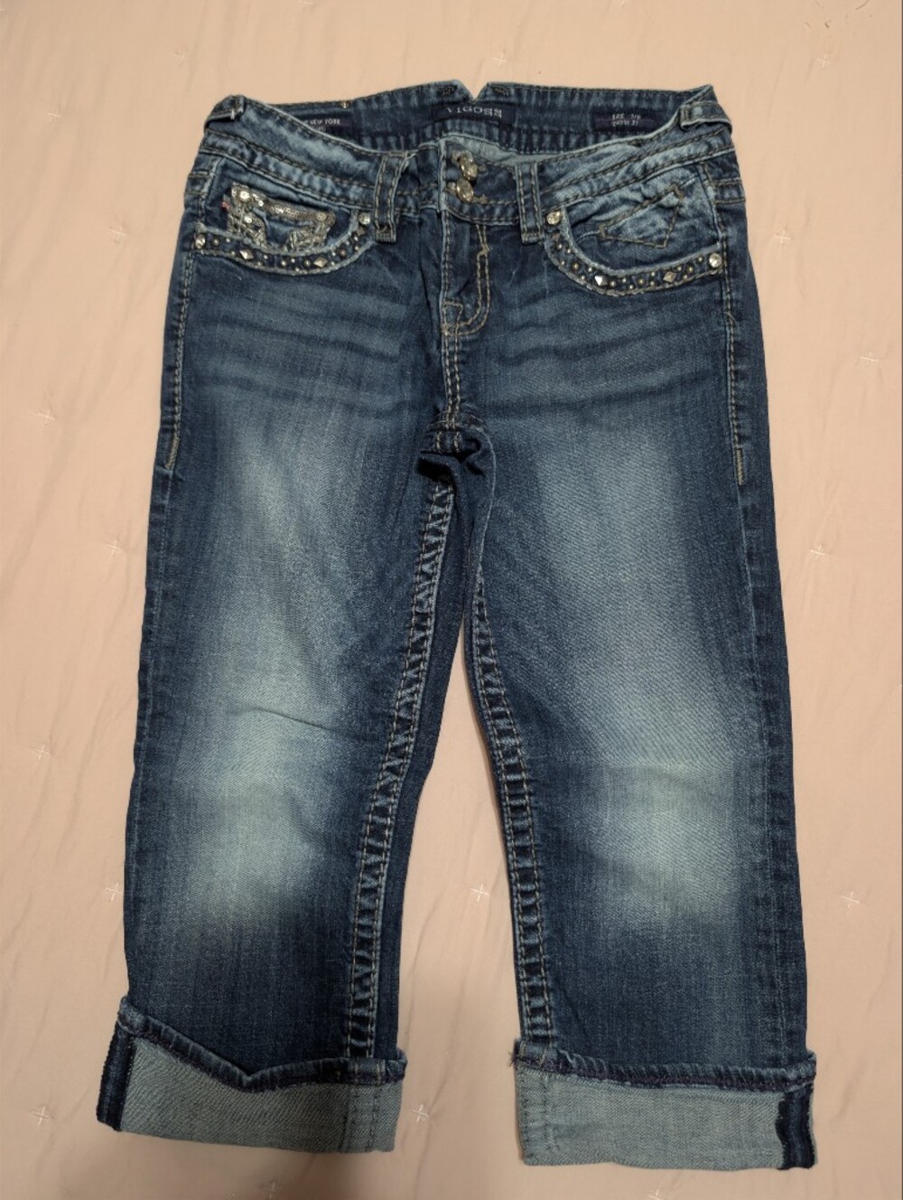 Vigoss Women's Relaxed Dark Blue Capri Jeans with Stud Detail